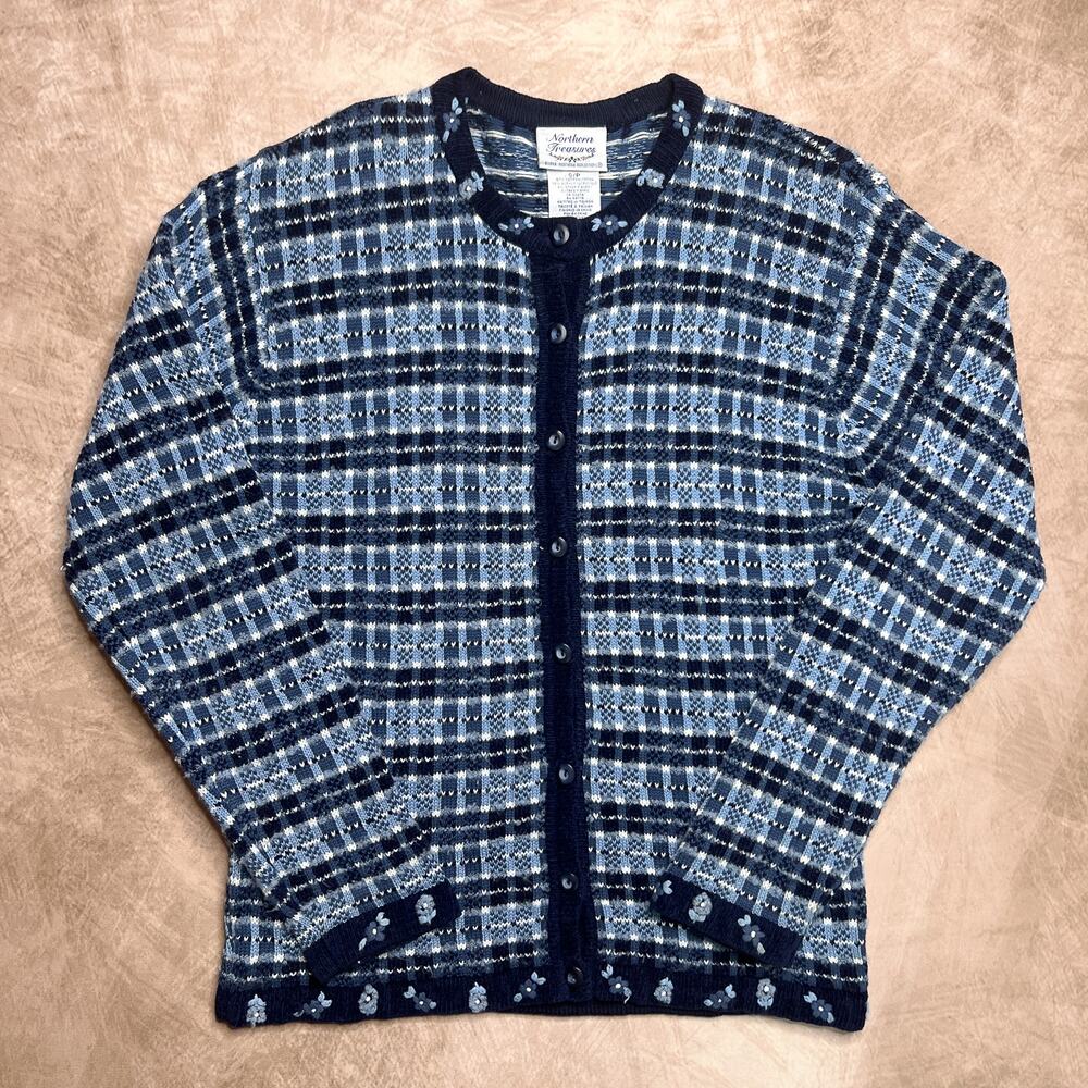 Vintage 90s Northern Treasures Cardigan Sweater Plaid Checkered Floral Knit